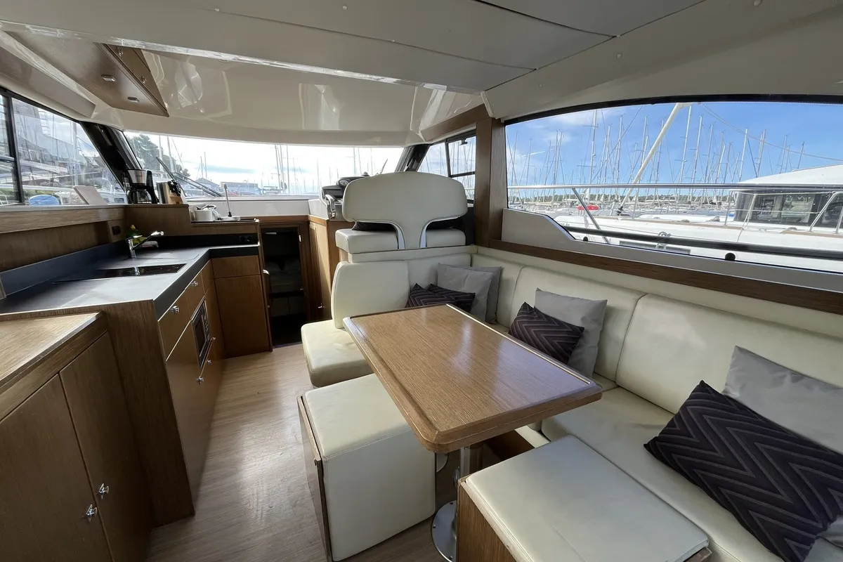 Salon of Captain Blue, a Bavaria Virtess 420 Fly motorboat at Grad Šibenik, Croatia