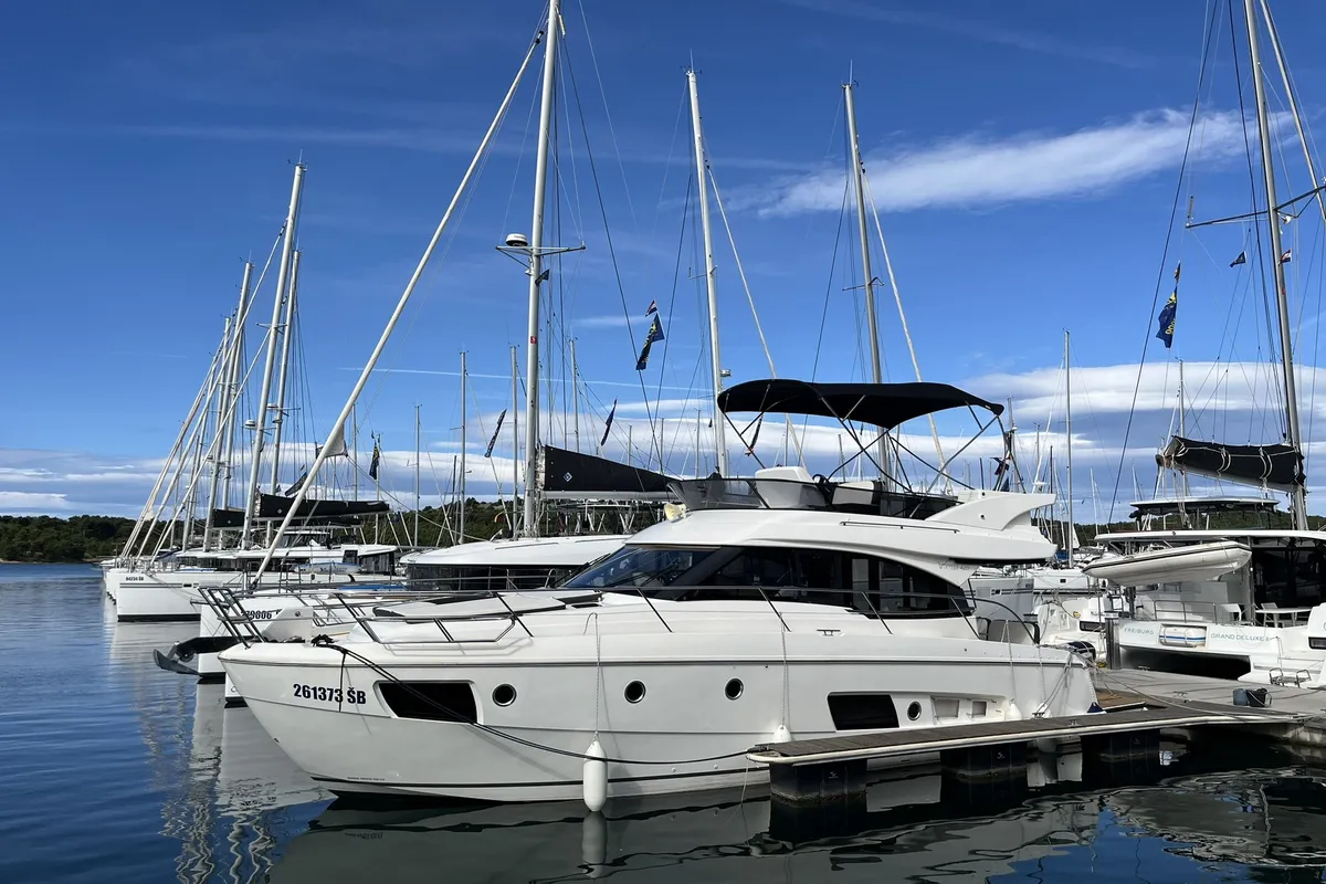 Exterior view of Captain Blue, a Bavaria Virtess 420 Fly motorboat at Grad Šibenik, Croatia