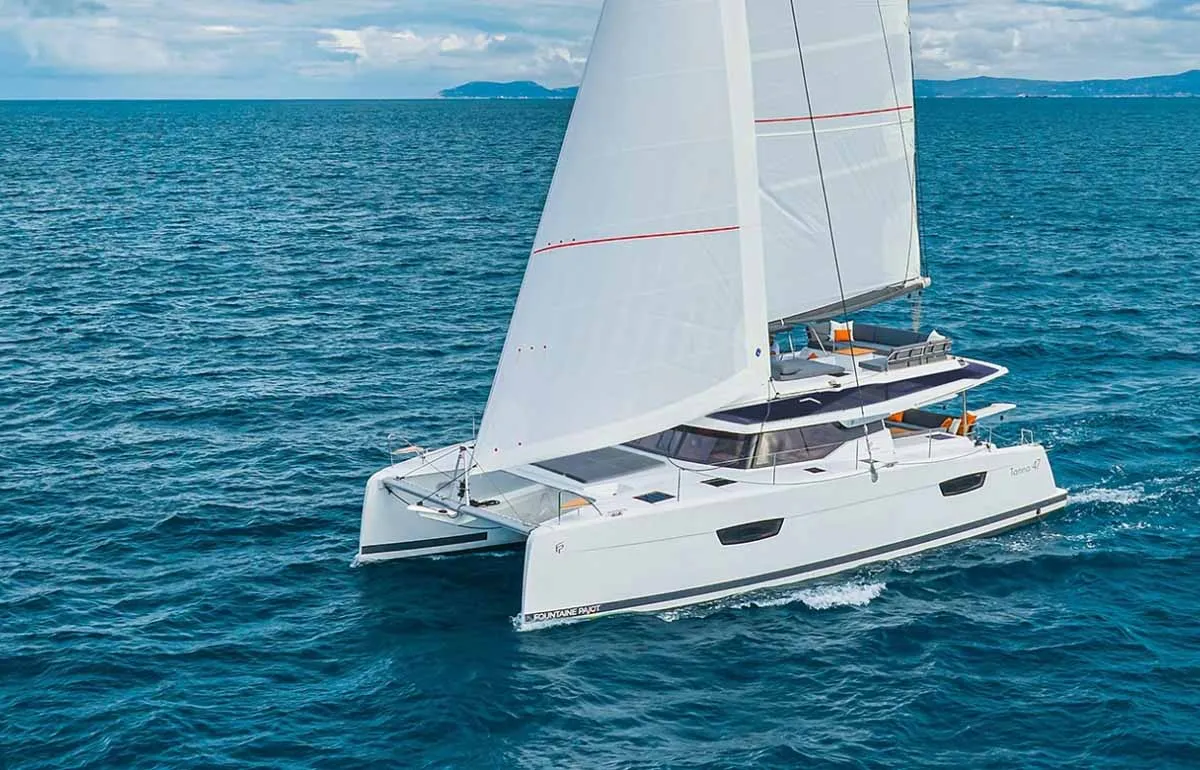 Exterior view of Sam, a Fountaine Pajot Tanna 47 catamaran at Grad Trogir, Croatia