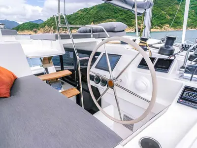 Cockpit of Sam, a Fountaine Pajot Tanna 47 catamaran at Grad Trogir, Croatia
