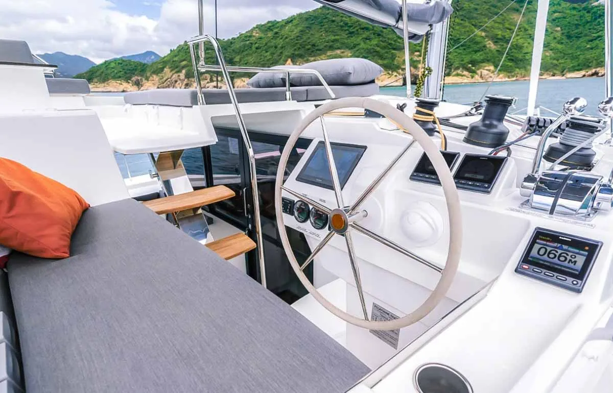 Cockpit of Sam, a Fountaine Pajot Tanna 47 catamaran at Grad Trogir, Croatia