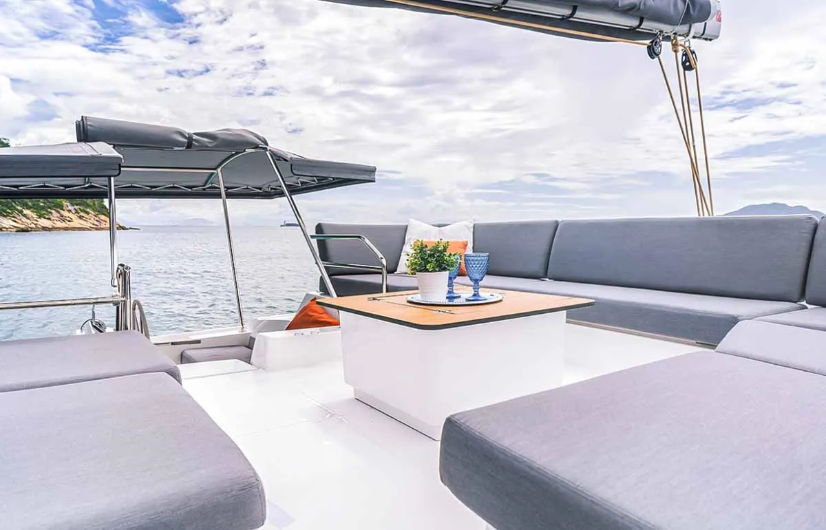 Deck of Sam, a Fountaine Pajot Tanna 47 catamaran at Grad Trogir, Croatia