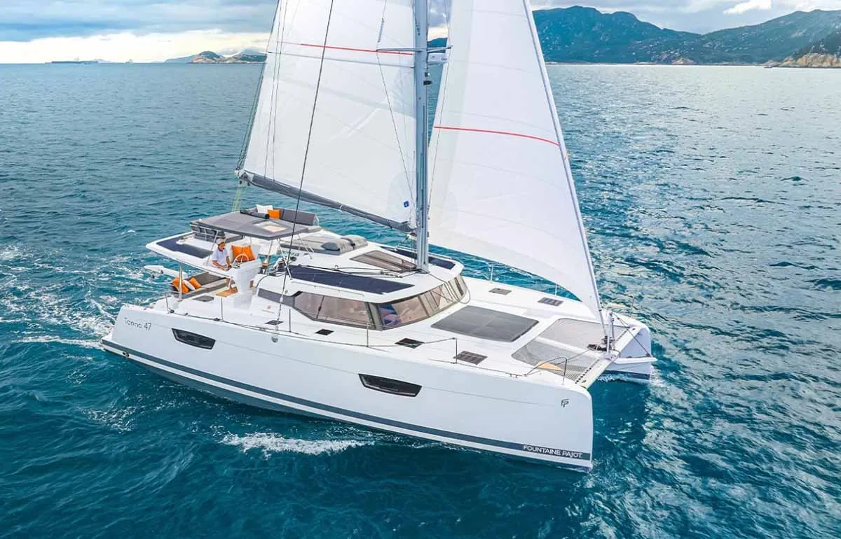 Exterior view of Sam, a Fountaine Pajot Tanna 47 catamaran at Grad Trogir, Croatia