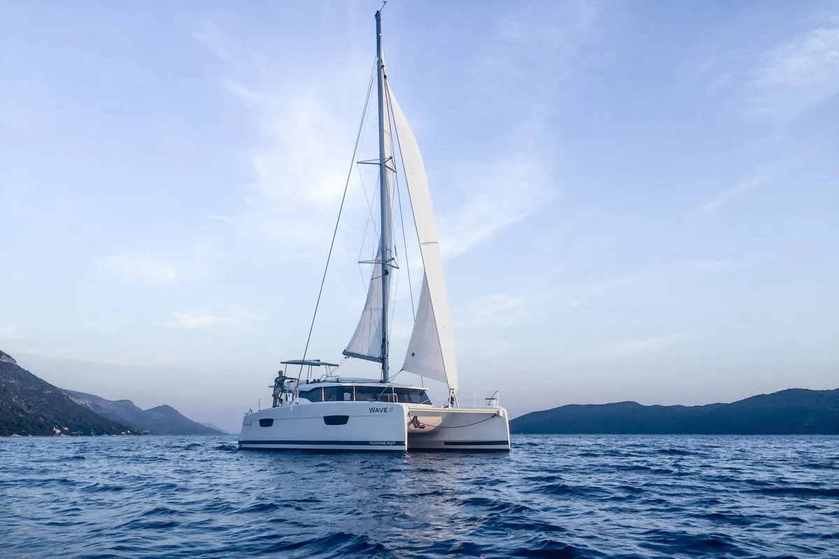 Exterior view of Wave, a Fountaine Pajot Astrea 42 catamaran at Tivat, Montenegro
