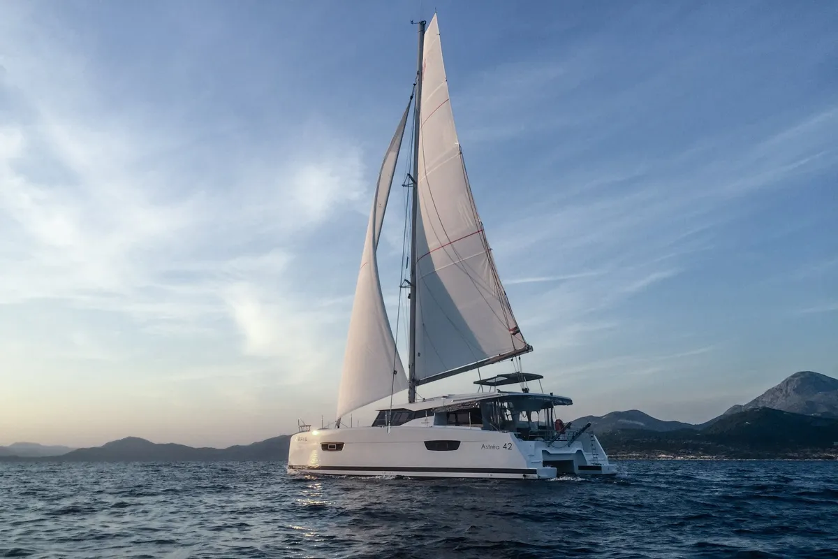 Exterior view of Wave, a Fountaine Pajot Astrea 42 catamaran at Tivat, Montenegro
