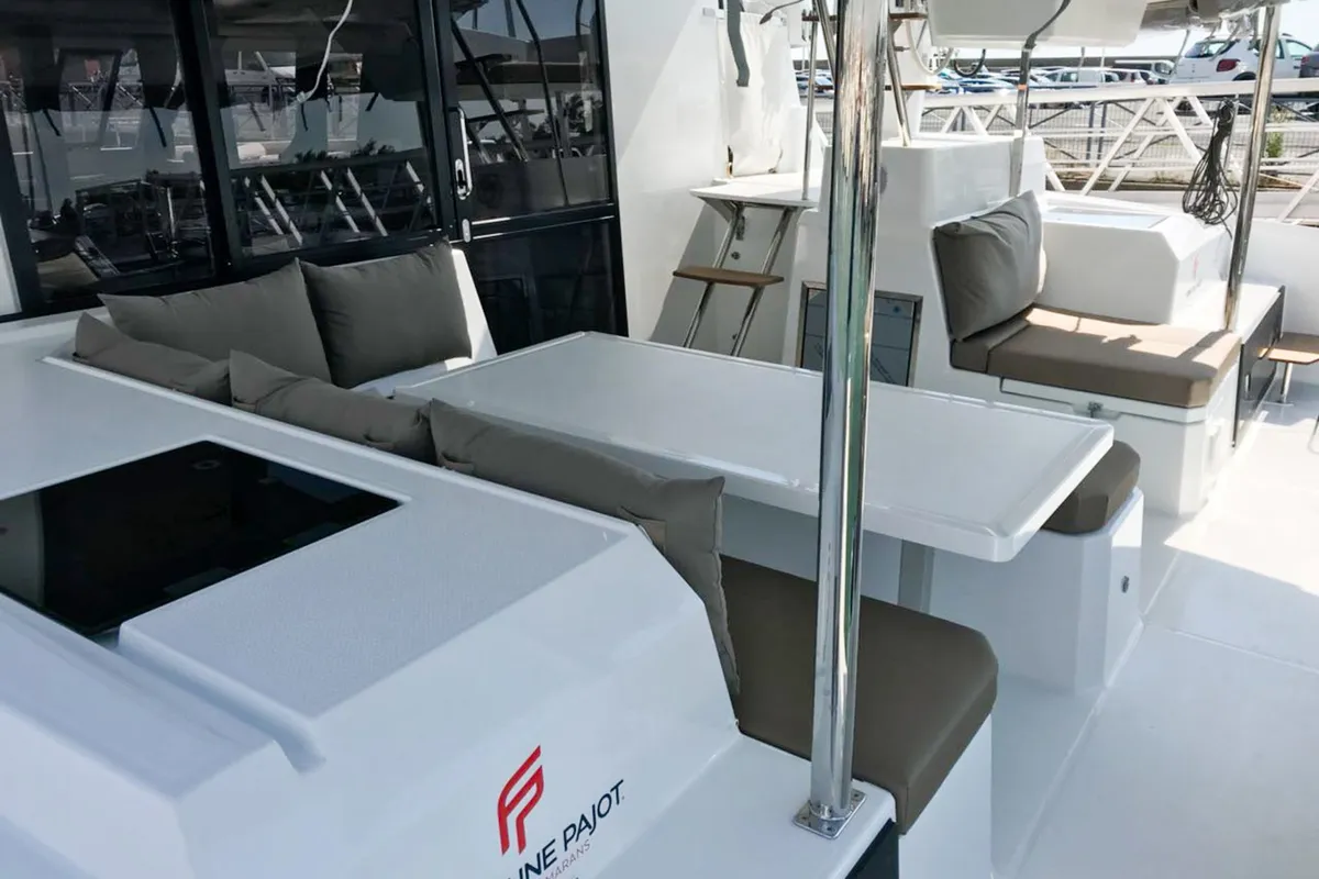 Deck of Wave, a Fountaine Pajot Astrea 42 catamaran at Tivat, Montenegro