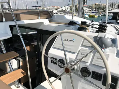 Cockpit of Wave, a Fountaine Pajot Astrea 42 catamaran at Tivat, Montenegro