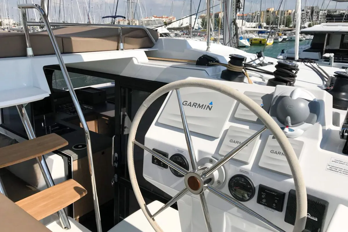 Cockpit of Wave, a Fountaine Pajot Astrea 42 catamaran at Tivat, Montenegro