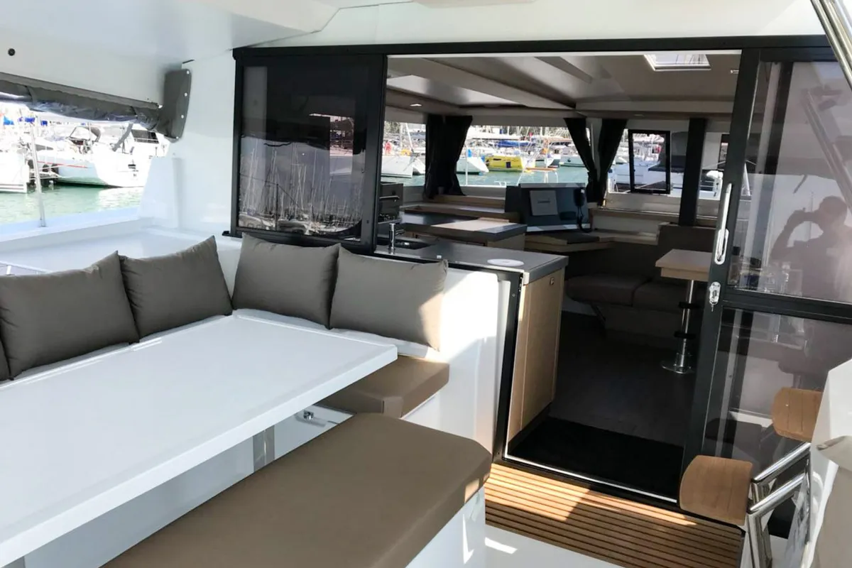 Deck of Wave, a Fountaine Pajot Astrea 42 catamaran at Tivat, Montenegro