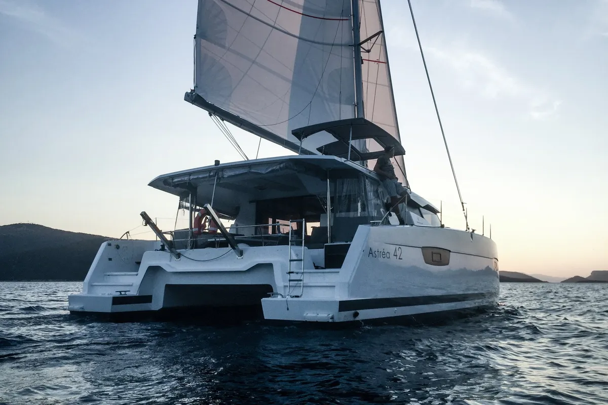 Exterior view of Wave, a Fountaine Pajot Astrea 42 catamaran at Tivat, Montenegro