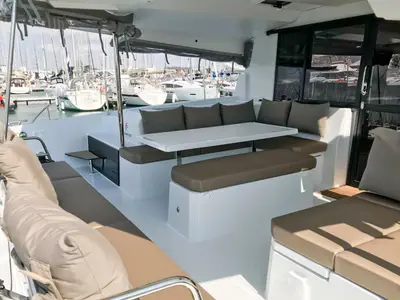 Deck of Wave, a Fountaine Pajot Astrea 42 catamaran at Tivat, Montenegro
