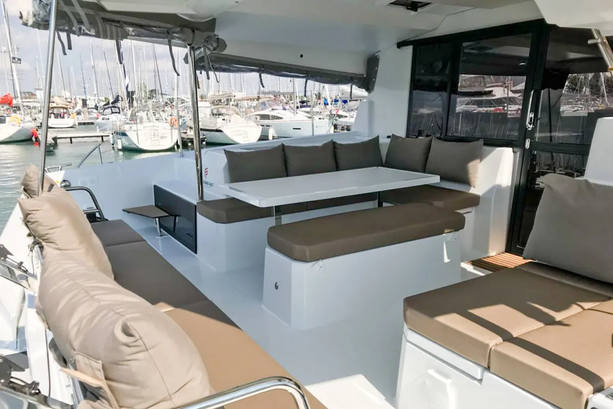 Deck of Wave, a Fountaine Pajot Astrea 42 catamaran at Tivat, Montenegro