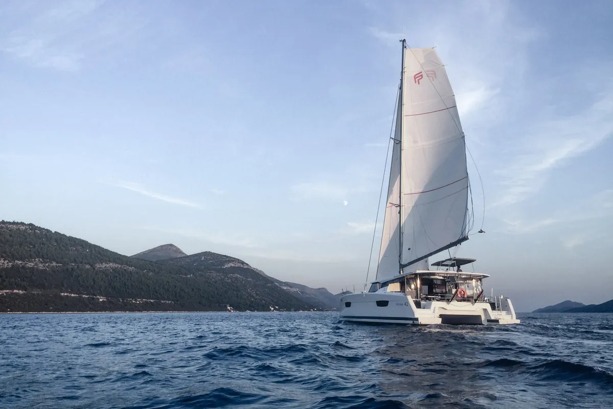 Exterior view of Wave, a Fountaine Pajot Astrea 42 catamaran at Tivat, Montenegro