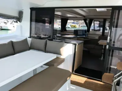 Deck of Fountaine Pajot Astrea 42, a catamaran at Tivat, Montenegro