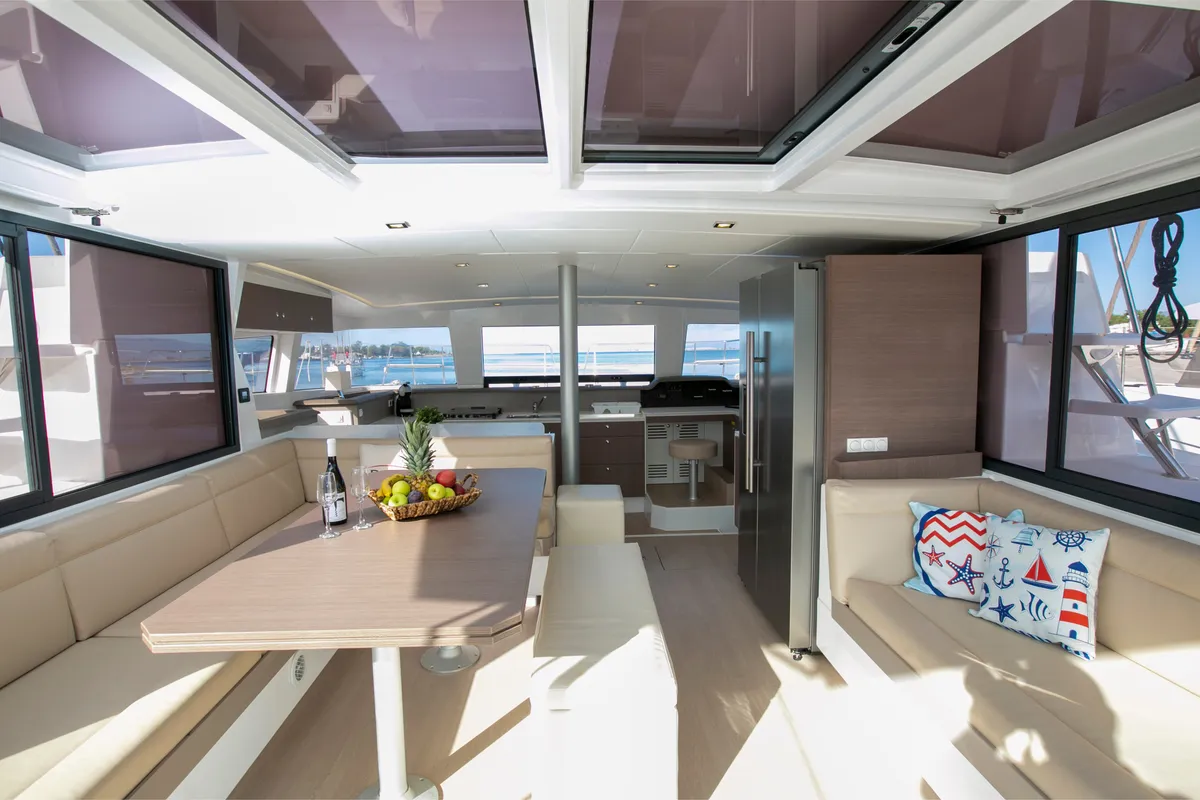 Salon of Eleni, a Bali 4.3 catamaran at Sipias, Greece