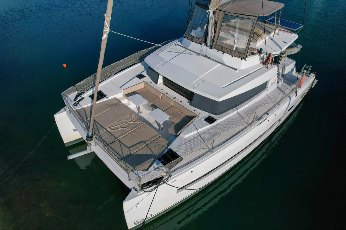Exterior view of Eleni, a Bali 4.3 catamaran at Sipias, Greece