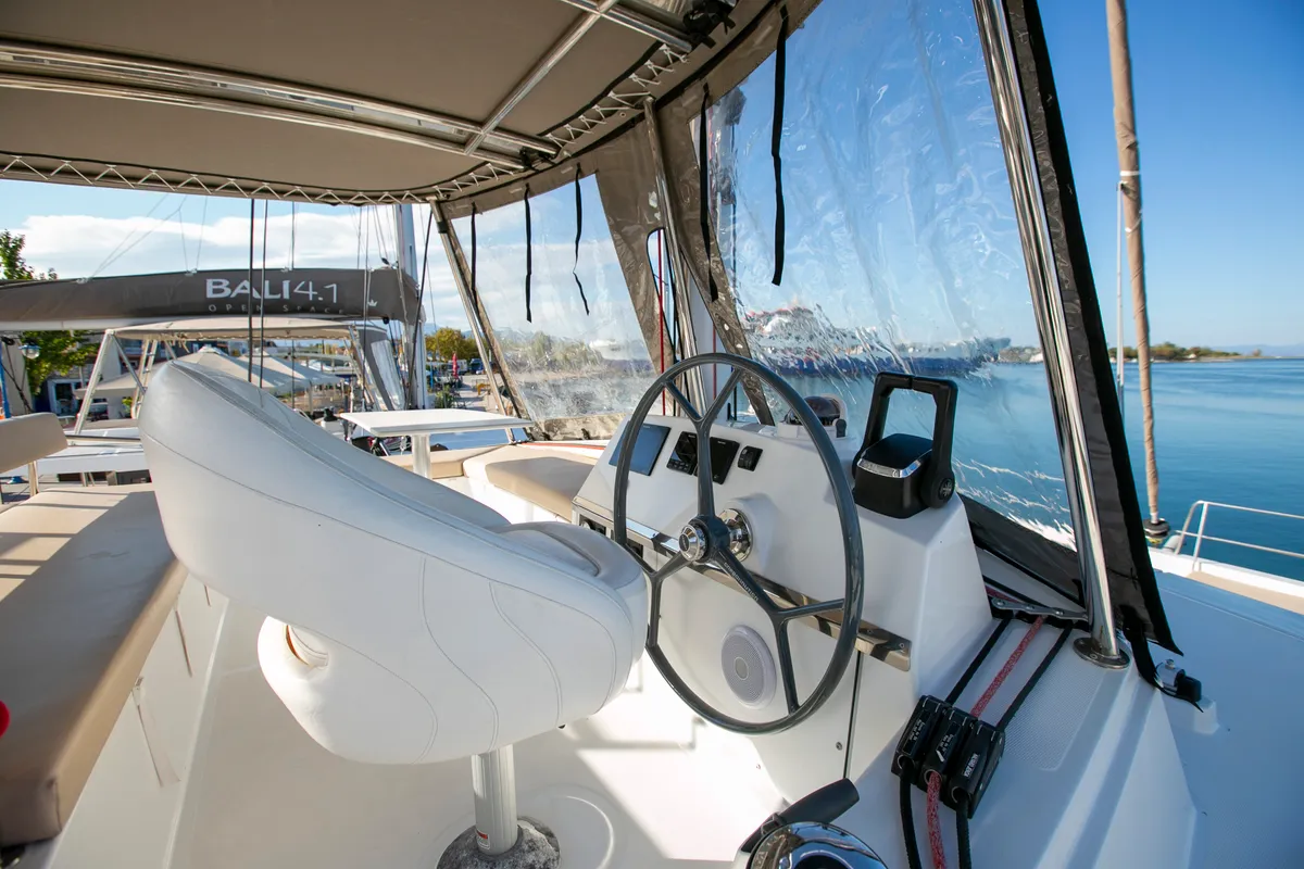 Cockpit of Eleni, a Bali 4.3 catamaran at Sipias, Greece