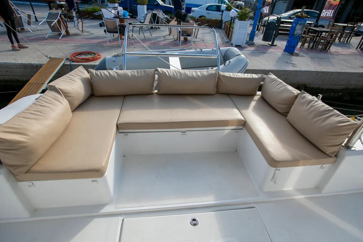 Deck of Eleni, a Bali 4.3 catamaran at Sipias, Greece