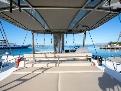 Deck of Eleni, a Bali 4.3 catamaran at Sipias, Greece