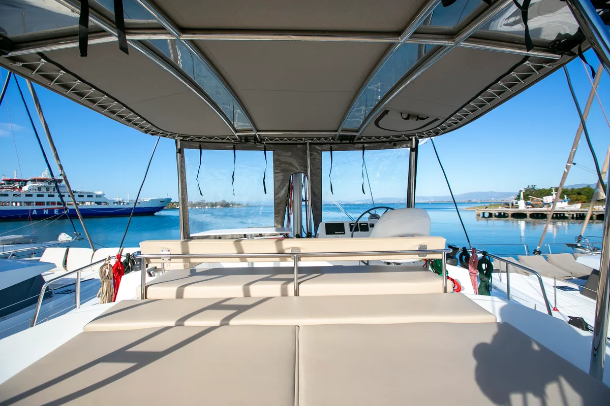 Deck of Eleni, a Bali 4.3 catamaran at Sipias, Greece