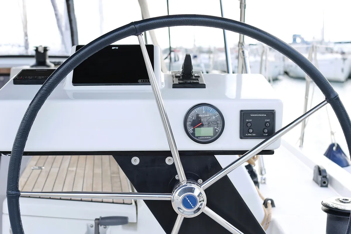 Cockpit of Flipper, a Dufour 470 sailboat at Općina Sukošan, Croatia