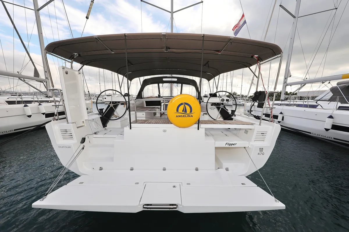 Exterior view of Flipper, a Dufour 470 sailboat at Općina Sukošan, Croatia
