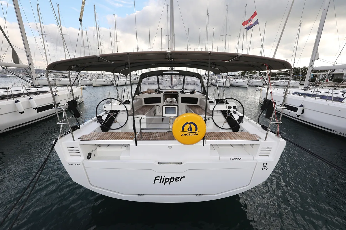 Exterior view of Flipper, a Dufour 470 sailboat at Općina Sukošan, Croatia