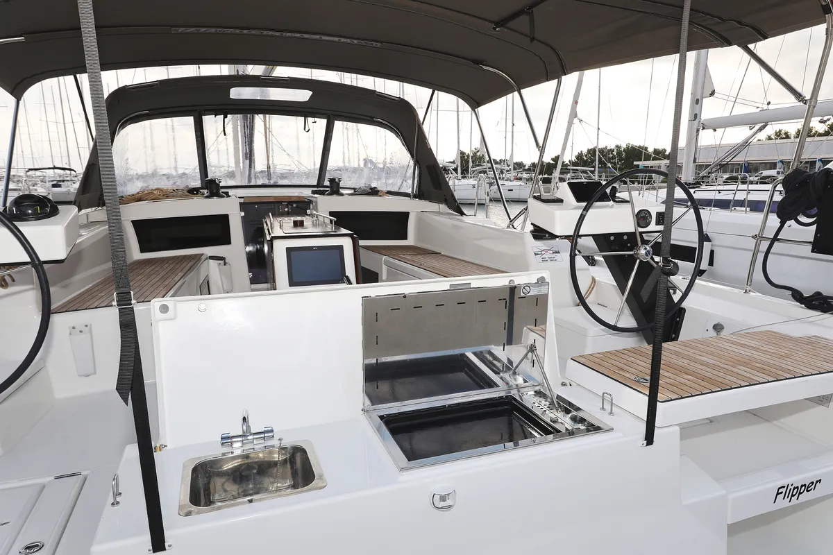 Cockpit of Flipper, a Dufour 470 sailboat at Općina Sukošan, Croatia