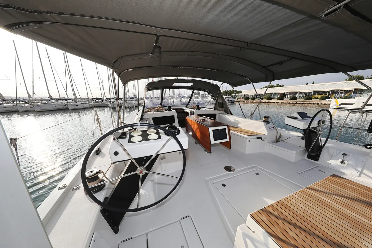 Cockpit of Flipper, a Dufour 470 sailboat at Općina Sukošan, Croatia