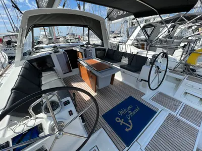 Cockpit of Aurora, a Beneteau Oceanis 45 sailboat at Rhodes, Greece