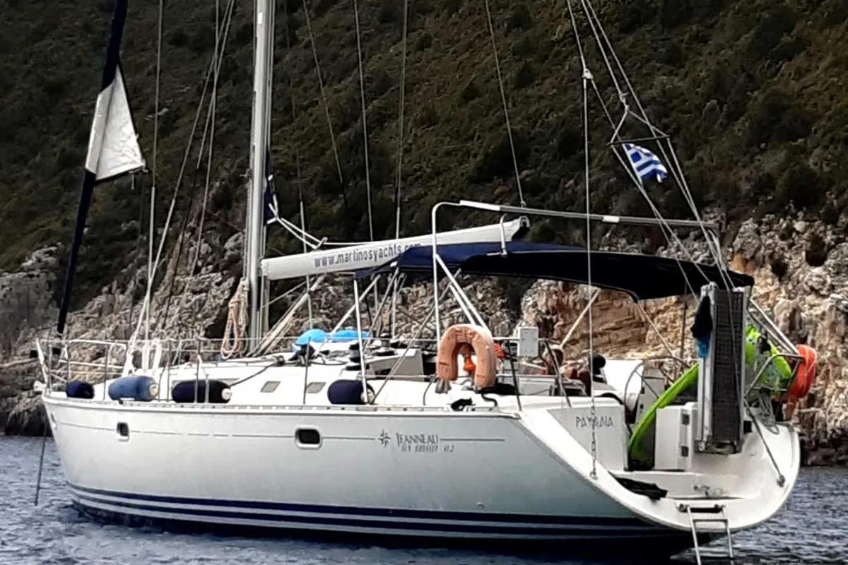 Exterior view of Rapsodia, a Jeanneau Sun Odyssey 45.2 sailboat at Kontokali, Greece
