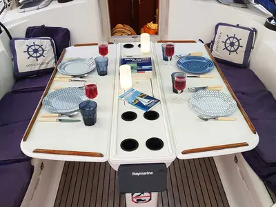 Deck of Rapsodia, a Jeanneau Sun Odyssey 45.2 sailboat at Kontokali, Greece