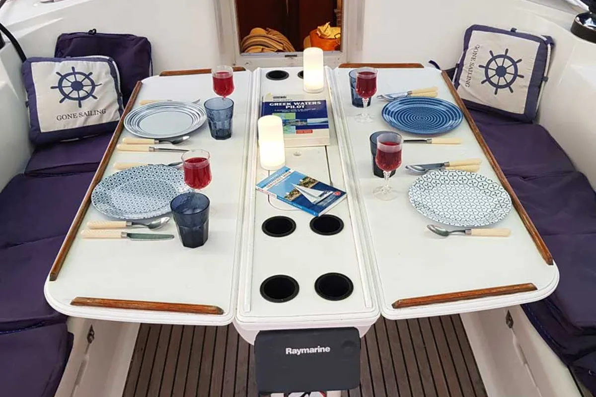 Deck of Rapsodia, a Jeanneau Sun Odyssey 45.2 sailboat at Kontokali, Greece