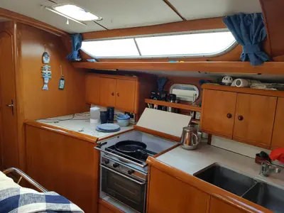 Galley of Rapsodia, a Jeanneau Sun Odyssey 45.2 sailboat at Kontokali, Greece