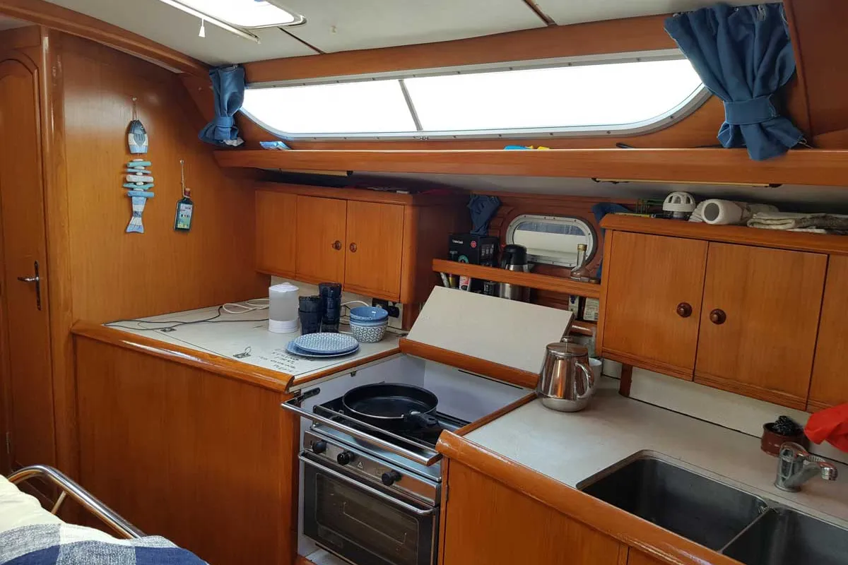 Galley of Rapsodia, a Jeanneau Sun Odyssey 45.2 sailboat at Kontokali, Greece