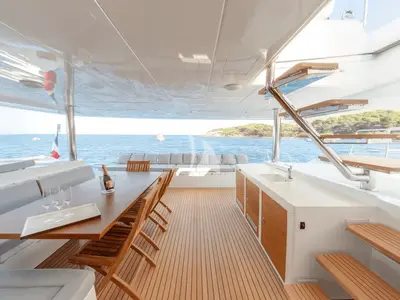 Deck of Royal Destiny, a Lagoon 620 catamaran at Athens, Greece