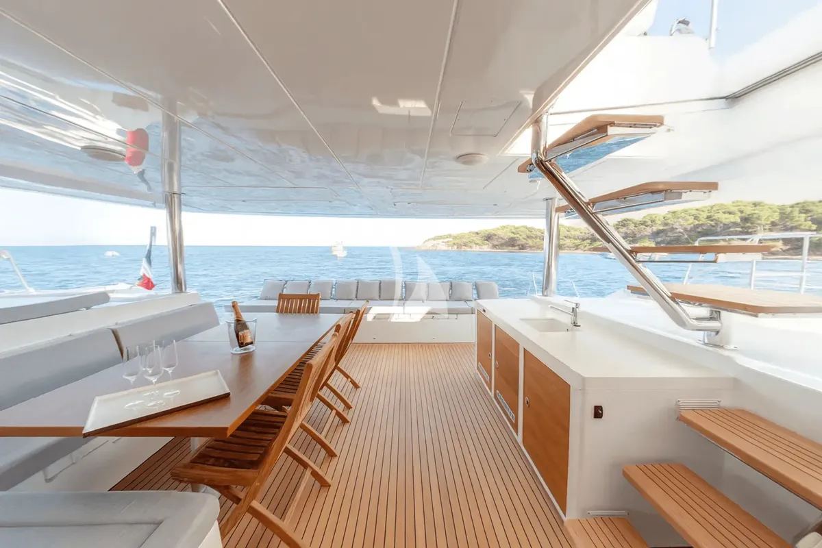 Deck of Royal Destiny, a Lagoon 620 catamaran at Athens, Greece