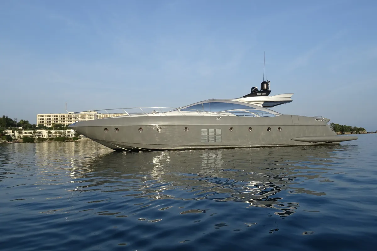 Exterior view of Super Toy, a Azimut 86 motor yacht at Kontokali, Greece