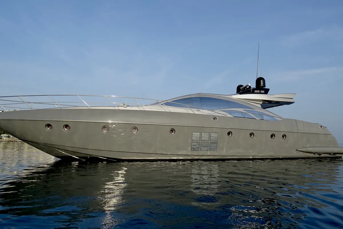 Exterior view of Super Toy, a Azimut 86 motor yacht at Kontokali, Greece