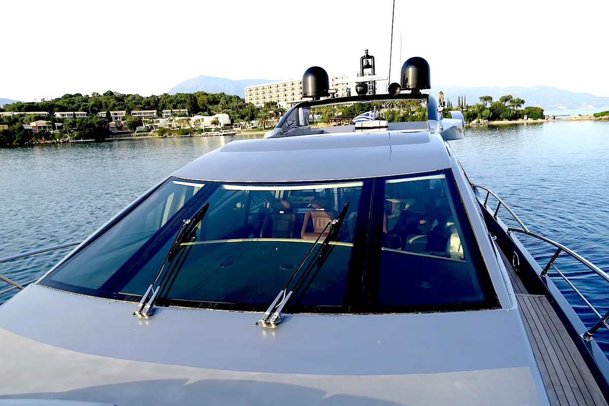 Exterior view of Super Toy, a Azimut 86 motor yacht at Kontokali, Greece