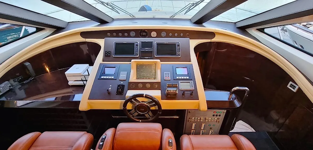 Cockpit of Super Toy, a Azimut 86 motor yacht at Kontokali, Greece
