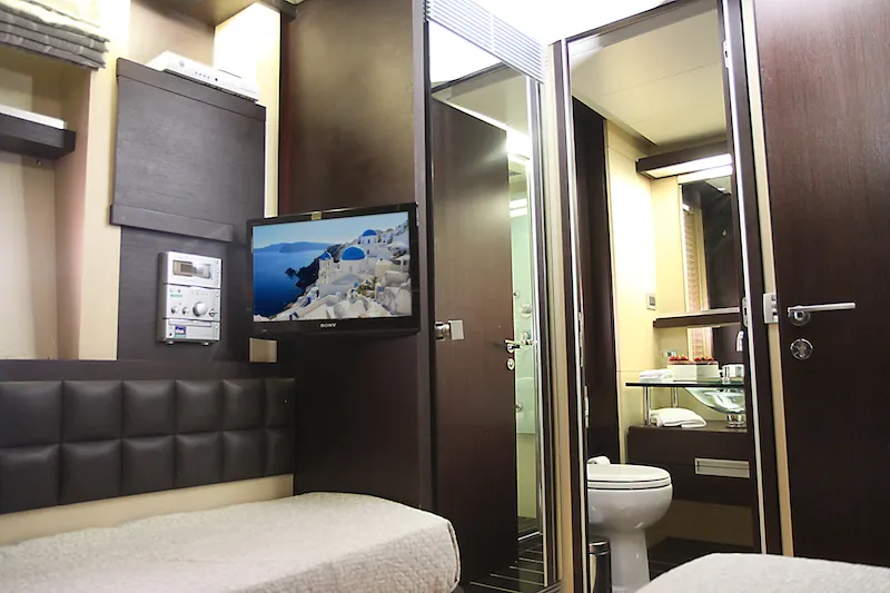 Cabin on Super Toy, a Azimut 86 motor yacht at Kontokali, Greece