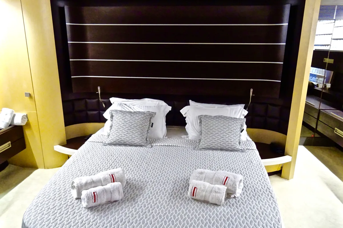 Cabin on Super Toy, a Azimut 86 motor yacht at Kontokali, Greece