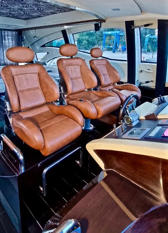 Cockpit of Super Toy, a Azimut 86 motor yacht at Kontokali, Greece