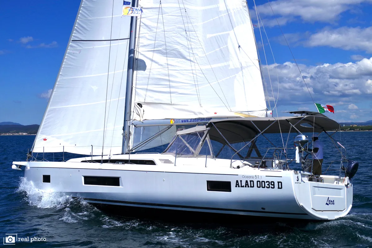 Exterior view of Lara, a Beneteau Oceanis 51.1 sailboat at Puntone di Scarlino, Italy