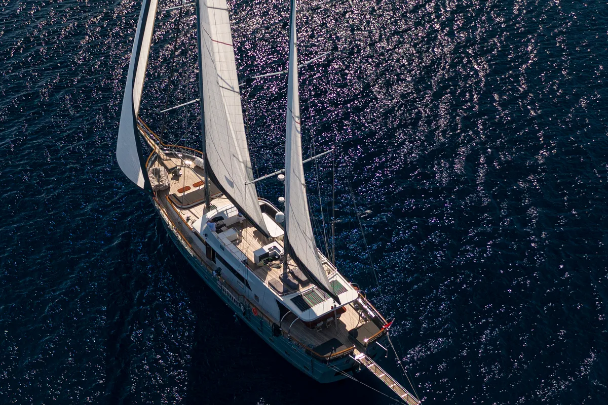 Exterior view of Virtuoso, a Gulet sailboat at Lavreotiki Municipal Unit, Greece