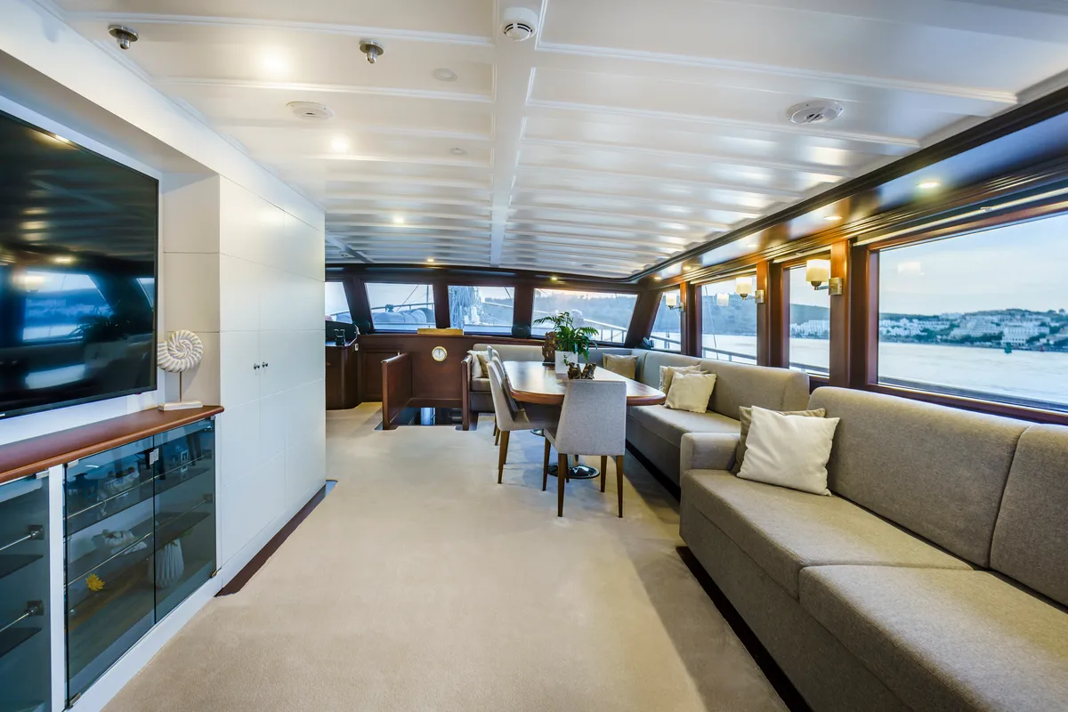 Salon of Virtuoso, a Gulet sailboat at Lavreotiki Municipal Unit, Greece