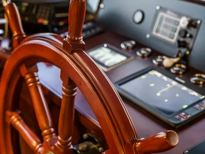 Cockpit of Virtuoso, a Gulet sailboat at Lavreotiki Municipal Unit, Greece