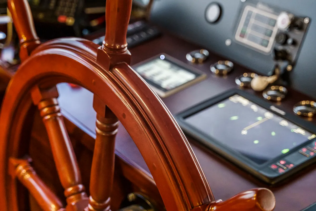Cockpit of Virtuoso, a Gulet sailboat at Lavreotiki Municipal Unit, Greece