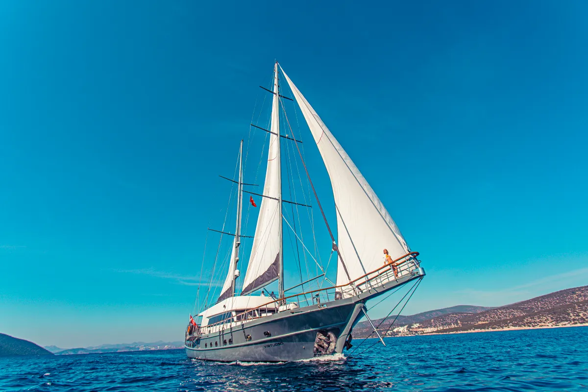 Exterior view of Virtuoso, a Gulet sailboat at Lavreotiki Municipal Unit, Greece